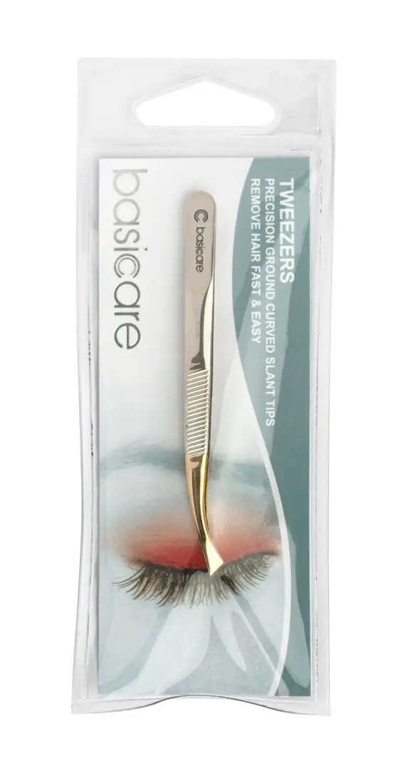 Basicare Tweezers Curved Slant Tip 1/2 Gold Blade 8.5cm