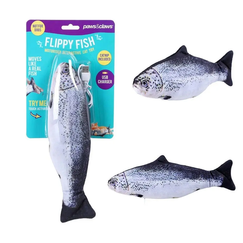 Paws & Claws Flippy Fish 30cm Cat/Pets Interactive Toy w/ USB Cable/Catnip Pouch