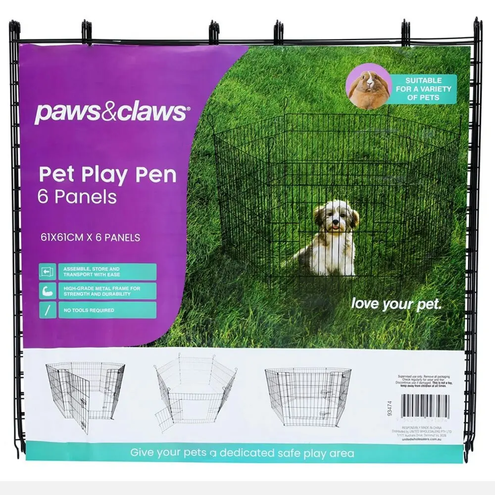 6pc Paws & Claws Pet Play Pen 61cm 6 Sided Dog Cage Enclosure Fence Medium Black