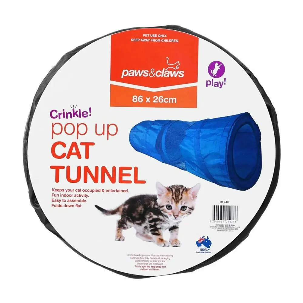 Paws & Claws 86cm Collapsible Crinkle Pop Up Pet Cat/Kitten Tunnel Toy Assorted