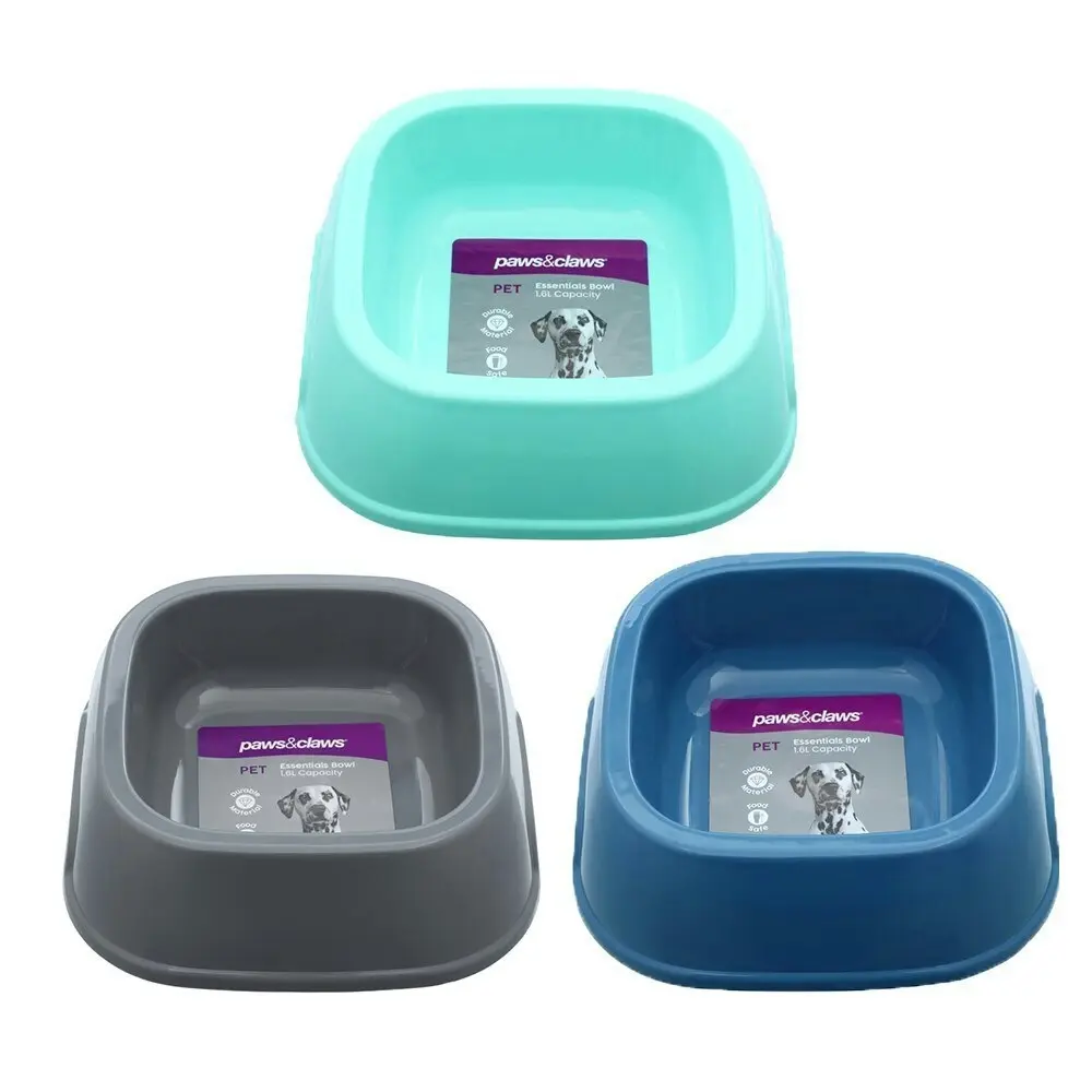 4x Paws & Claws Pet Essentials Dog 1.6L/21cm Food Bowl Square w/ Handle Assort.