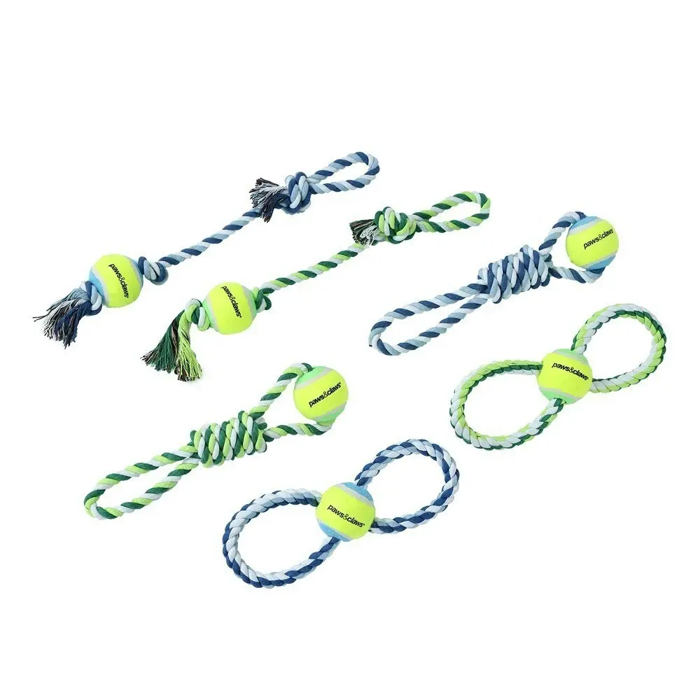 4x 3PK Paws & Claws Dog Toy 29cm Rope & Tennis Ball Tugger Pet Interactive Asst