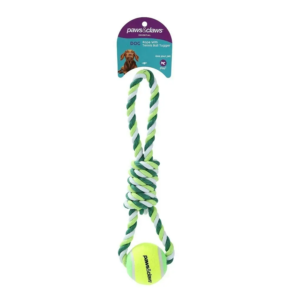 4x 3PK Paws & Claws Dog Toy 29cm Rope & Tennis Ball Tugger Pet Interactive Asst