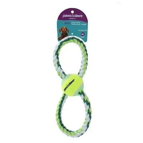 4x 3PK Paws & Claws Dog Toy 29cm Rope & Tennis Ball Tugger Pet Interactive Asst