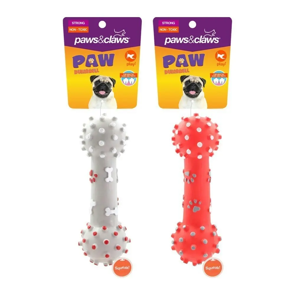 3x Paws & Claws 25.5cm Paw Print Dumbbell Vinyl Teething Dog Chew Bite Toy Asst.