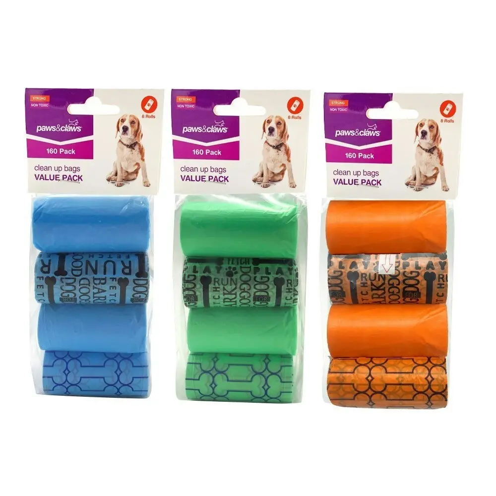 4x 8pc Paws And Claws Pets/Dogs Waste Clean Up Rolls 160 Bags Asst f/ Dispenser