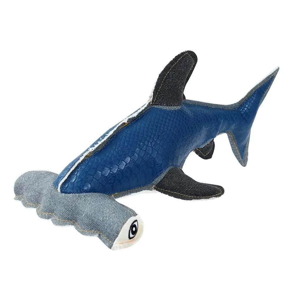 2x Paws & Claws Dog Toy 30cm Hammerhead Shark Faux Leather/Canvas Squeaker Blue