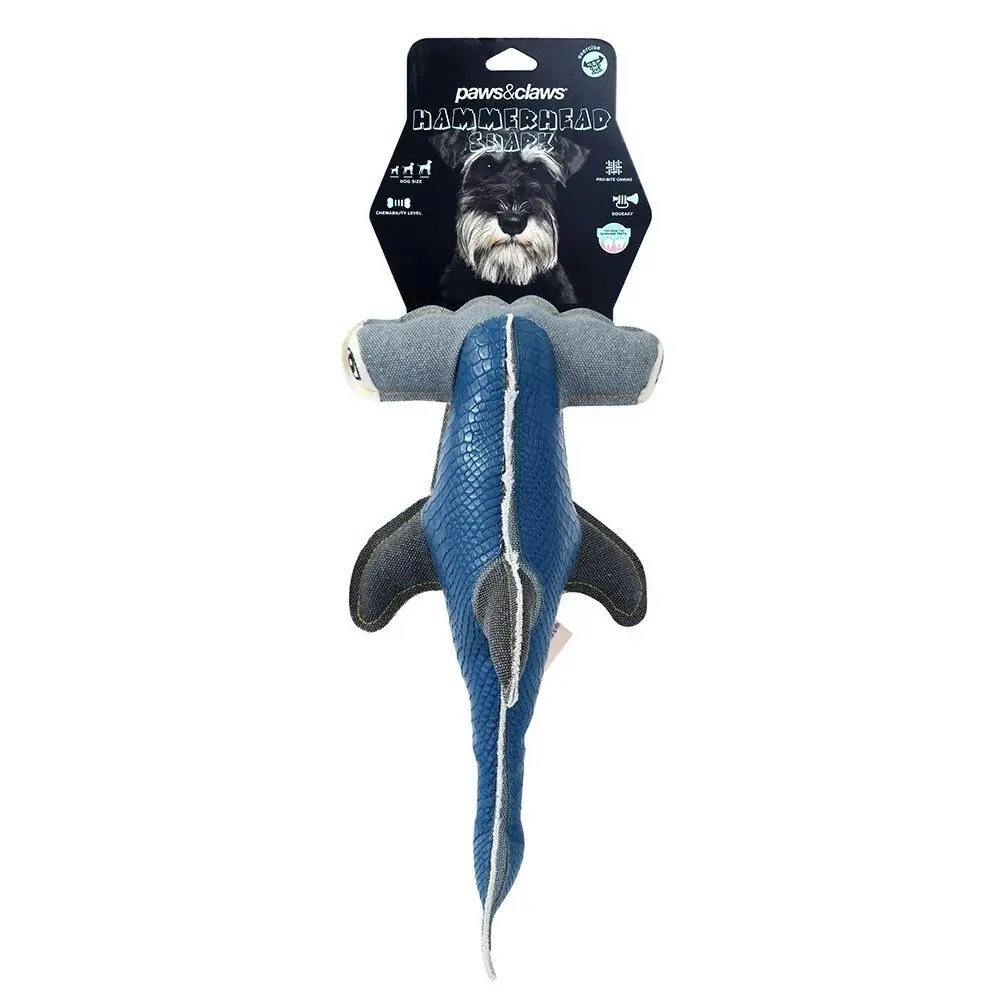 2x Paws & Claws Dog Toy 30cm Hammerhead Shark Faux Leather/Canvas Squeaker Blue