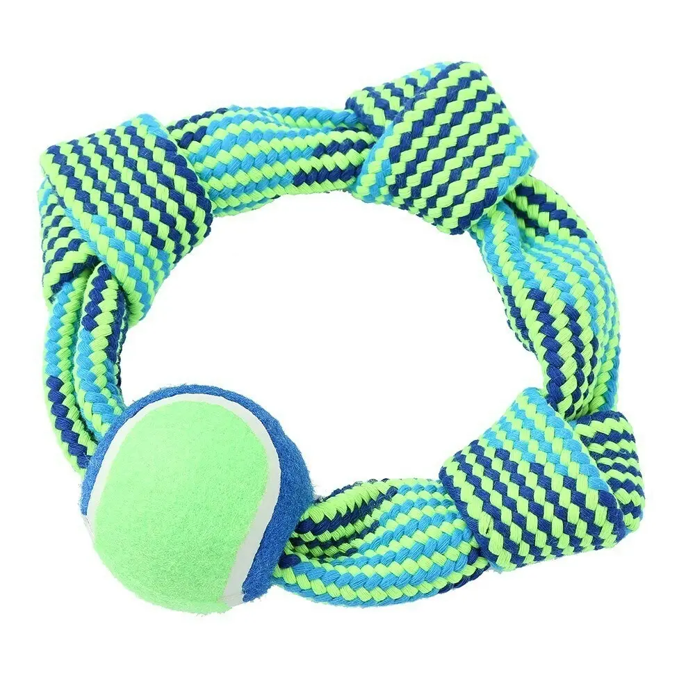 Paws & Claws 25cm Tug-Of-War Dog Squeaky Toy Rope Ring w/ Tennis Ball Blue/Green