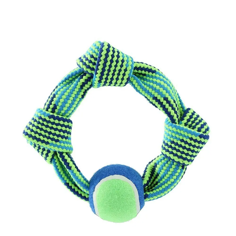 Paws & Claws 25cm Tug-Of-War Dog Squeaky Toy Rope Ring w/ Tennis Ball Blue/Green