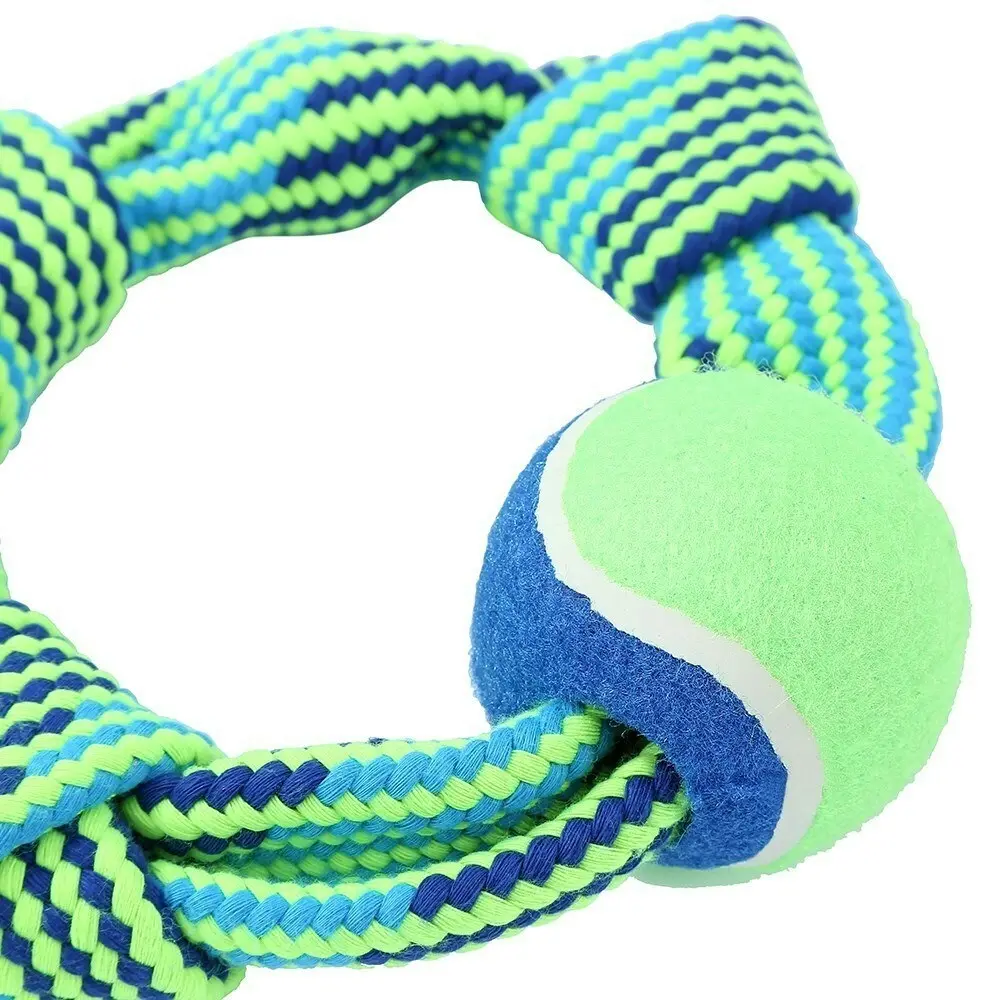 Paws & Claws 25cm Tug-Of-War Dog Squeaky Toy Rope Ring w/ Tennis Ball Blue/Green