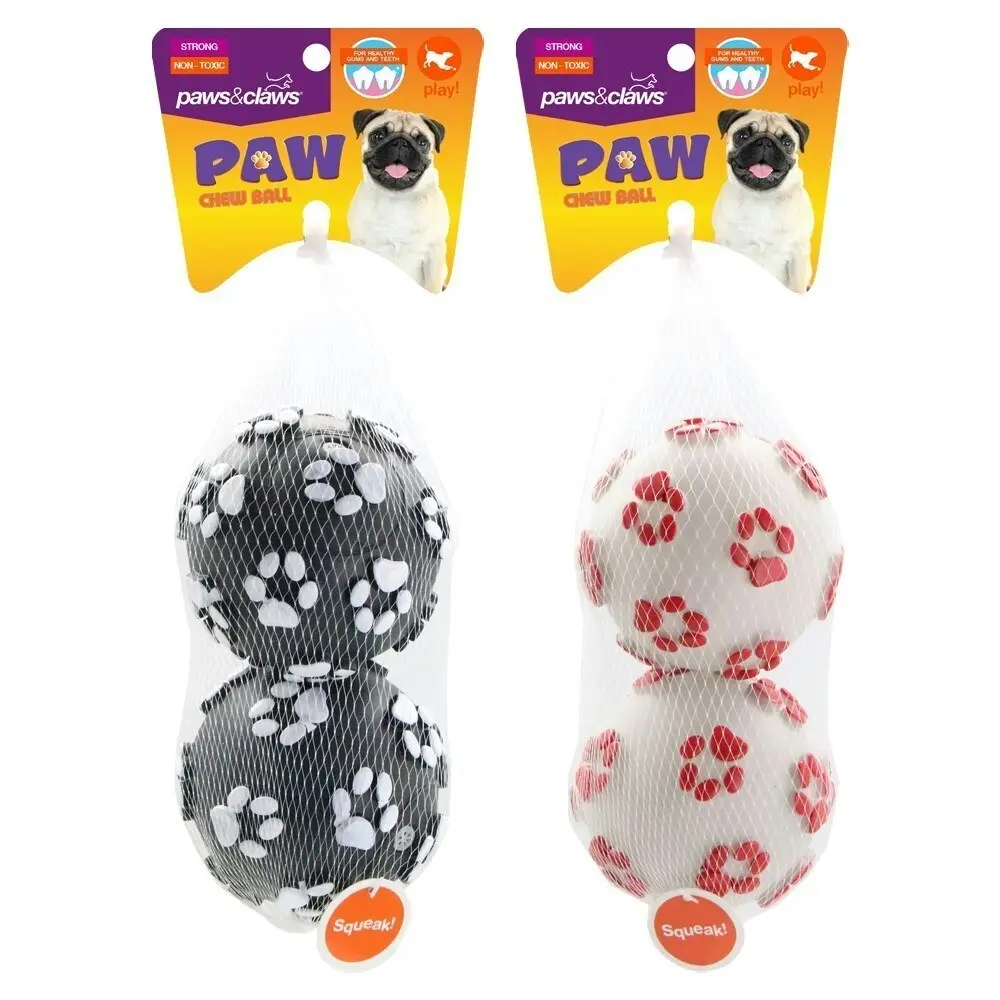 2PK Paws & Claws 10cm Paw Print Ball Dog Toy Chew Bite Teething Game Play Asst.