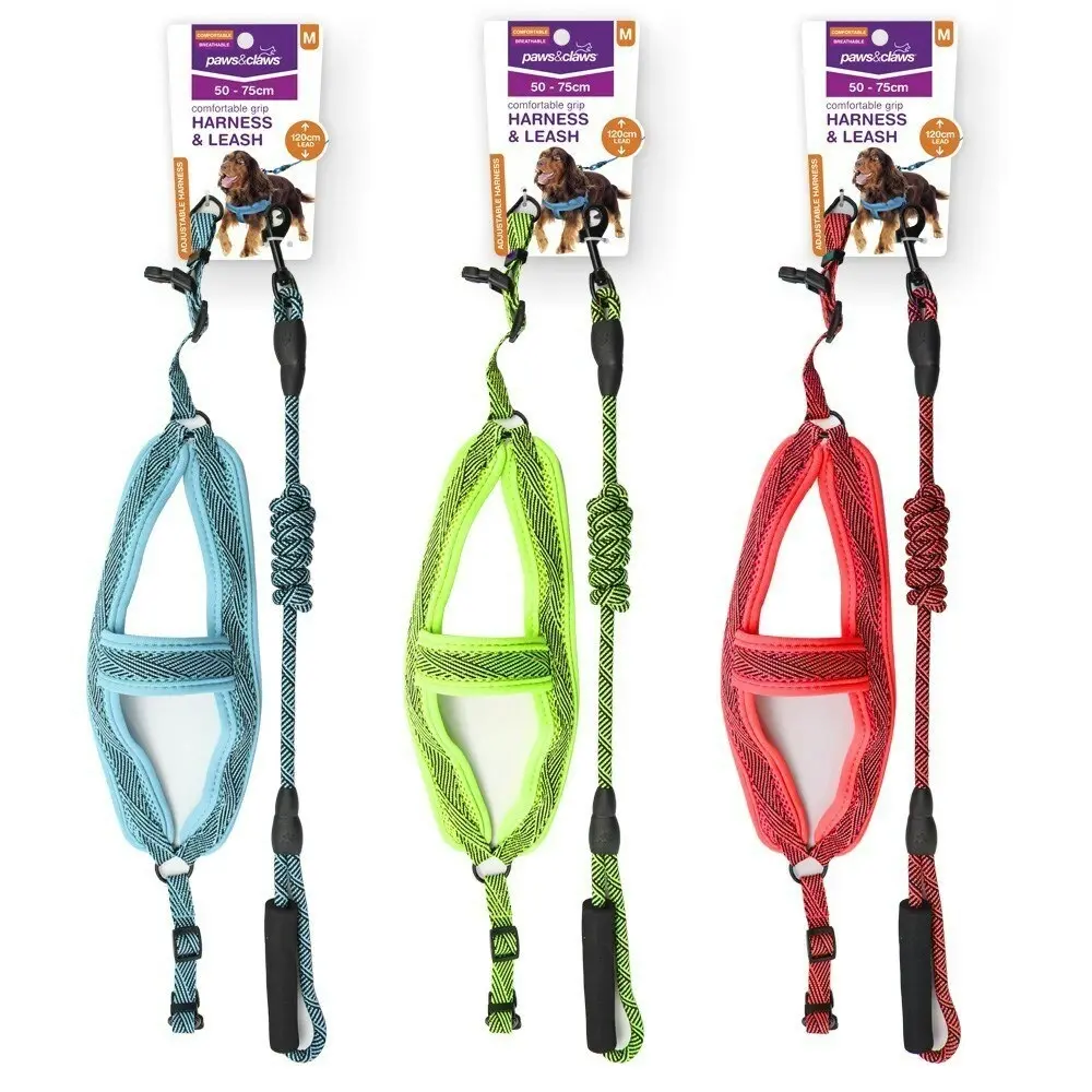 2x Paws & Claws Dog/Pet 120cm Mesh Lead/50-70cm Adjustable Harness Medium Assort