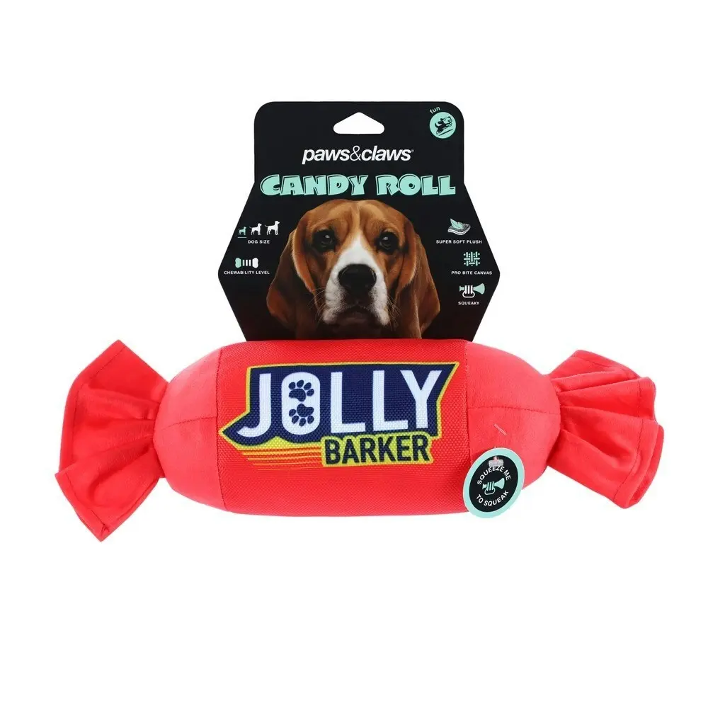 3x Paws & Claws 28cm Candy Roll Oxford Jolly Barker Interactive Dog Pet Toy Red