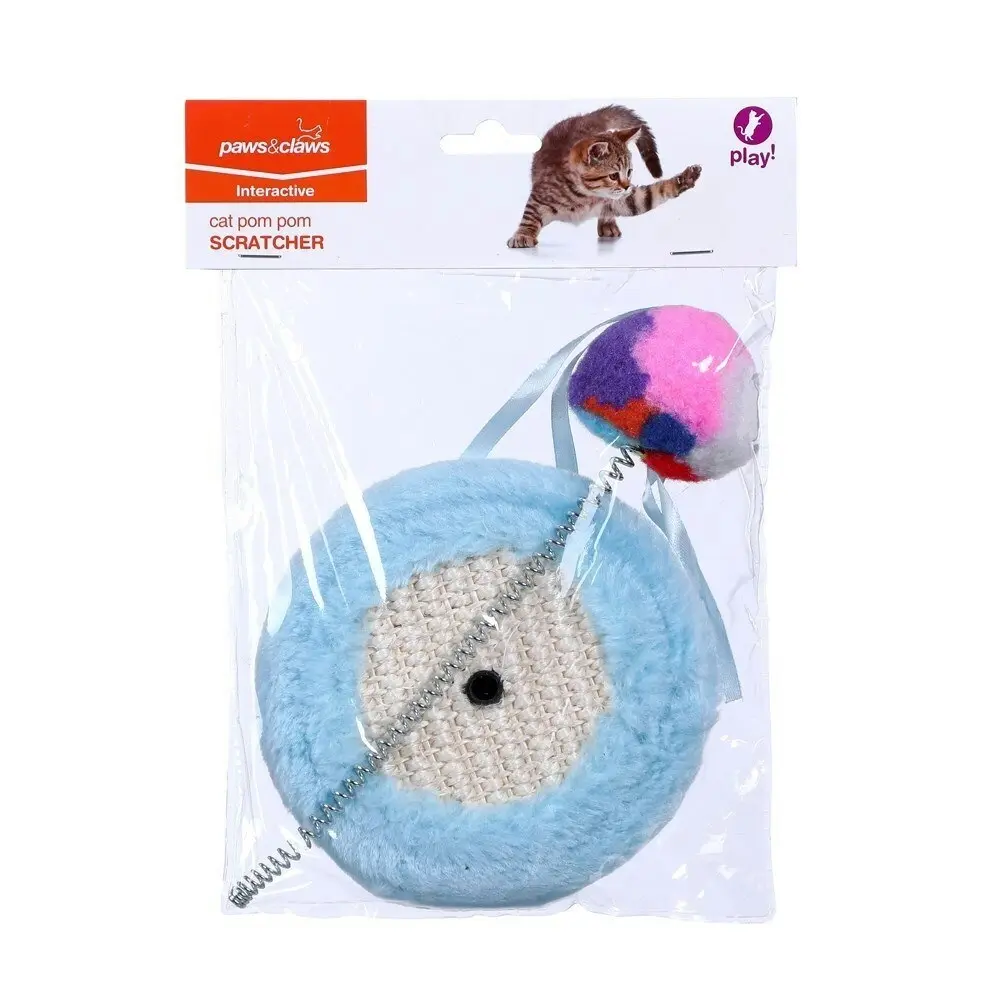 3x Paws & Claws Cat Pet/Kitten 26.5cm Scratch Pad w/ Spring Pom Pom Toy Assorted