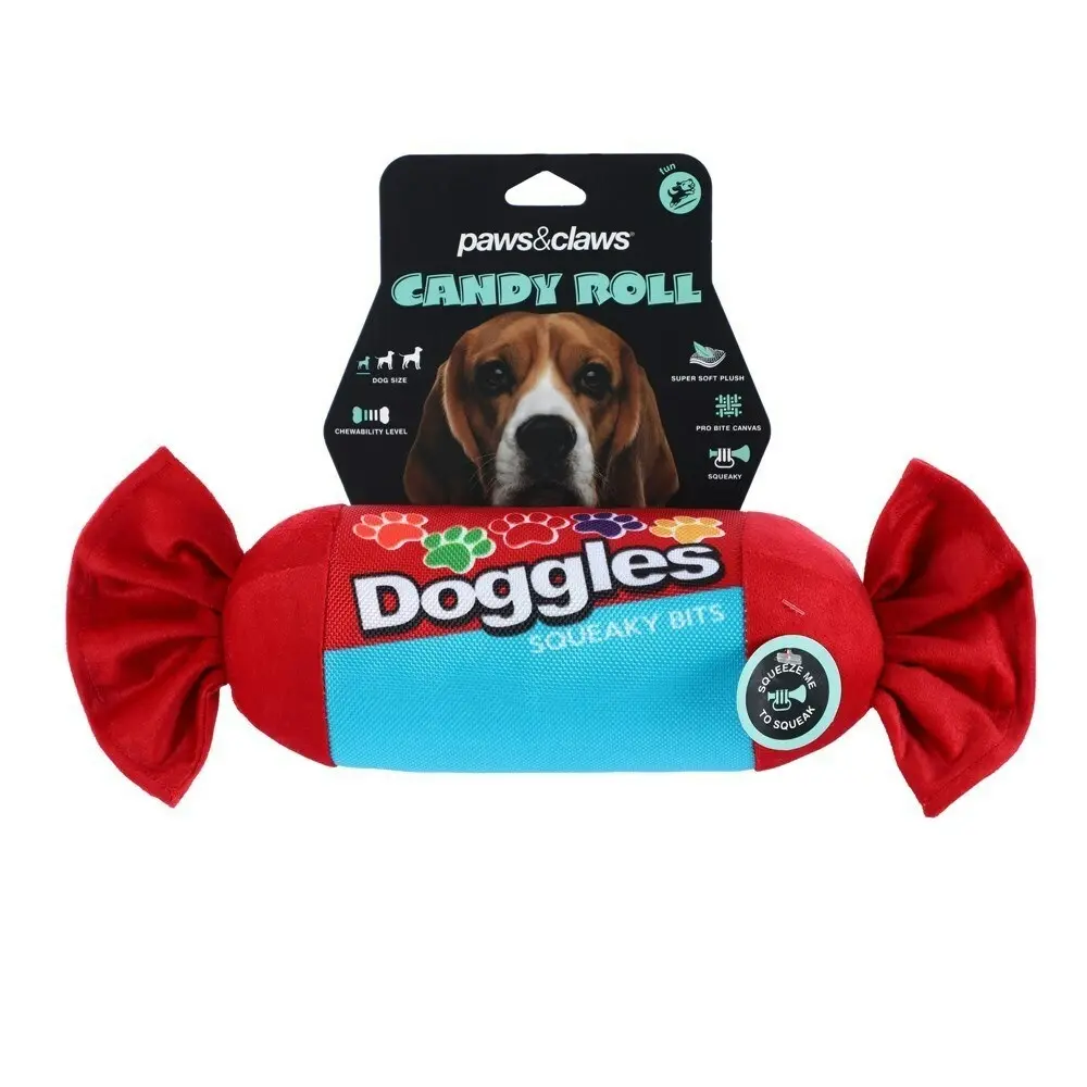 3x Paws & Claws 28cm Candy Roll Oxford Doggles Interactive Dog Toy w/ Squeaker