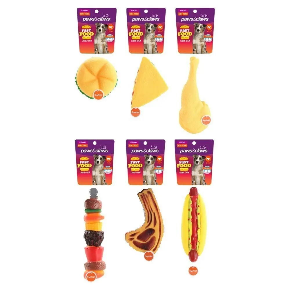 3x Paws & Claws 26cm Fast Food Large Vinyl Dog Chew Bite Toy w/ Clip Strip Asst.