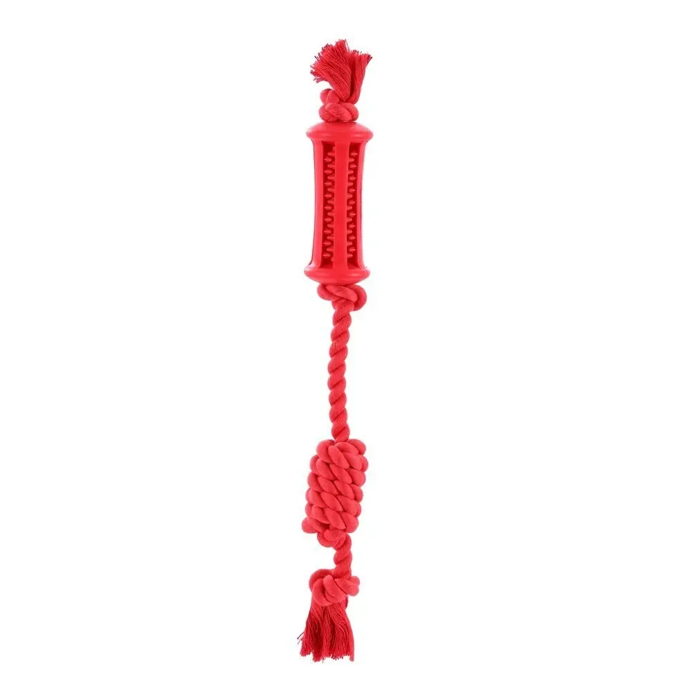 Paws & Claws 38cm Beef Flavour-Bone Rope Tugger Rubber Dog Toy Gums Clean Red