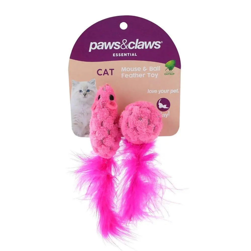 12PK Paws & Claws Pet Cat 15cm Mouse/Ball Feather w/ Catnip Interactive Toy Asst