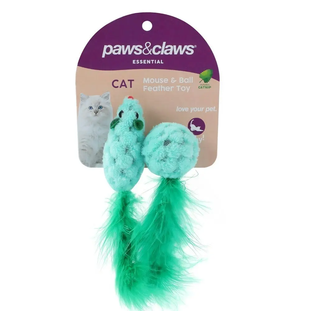 12PK Paws & Claws Pet Cat 15cm Mouse/Ball Feather w/ Catnip Interactive Toy Asst