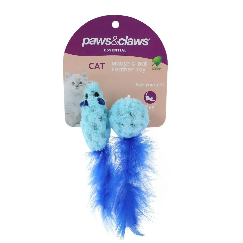 12PK Paws & Claws Pet Cat 15cm Mouse/Ball Feather w/ Catnip Interactive Toy Asst