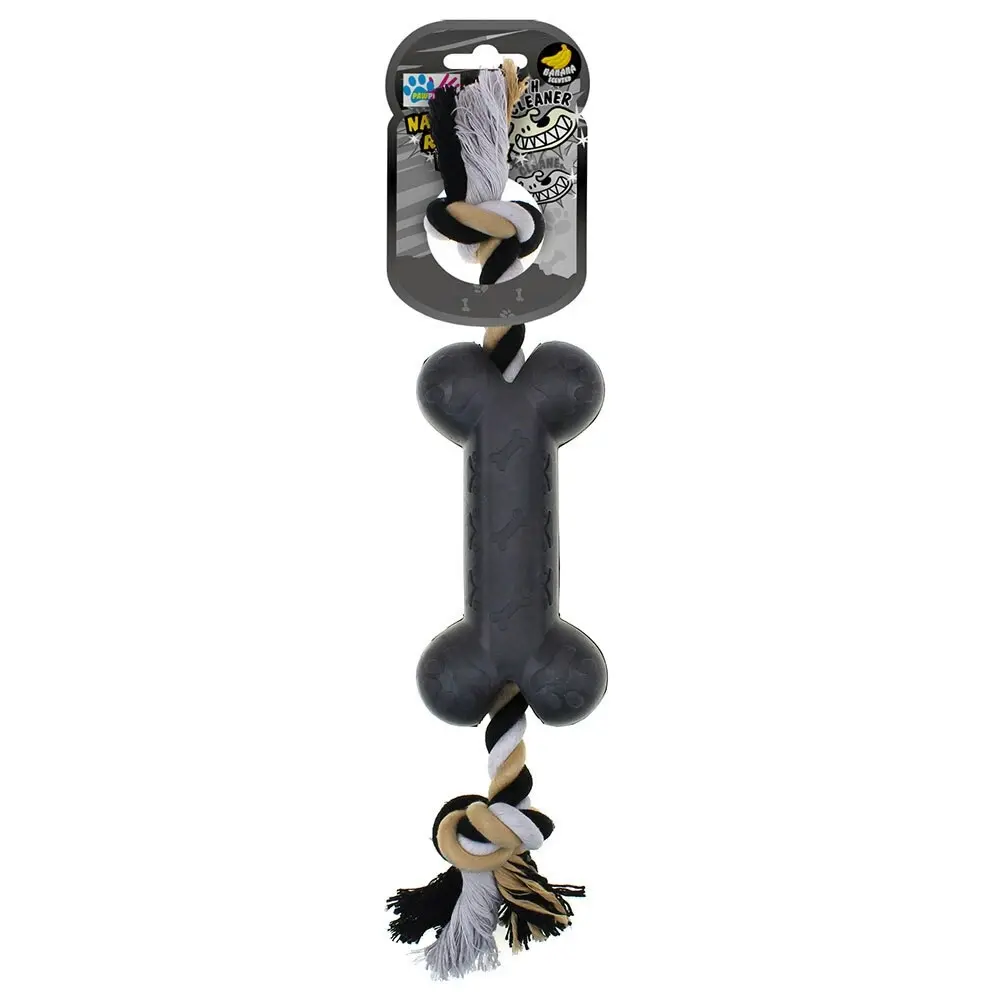 Paw Play 37cm Rubber/Rope Banana Scented Bone Pet/Dog/Cat Play/Chew Toy Black