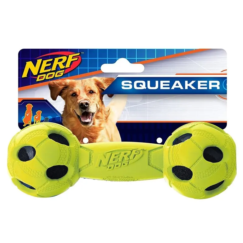 Nerf Dog Pet Indoor/Outdoor Medium Rubber Tire Barbell Squeaker Chew Toy Green