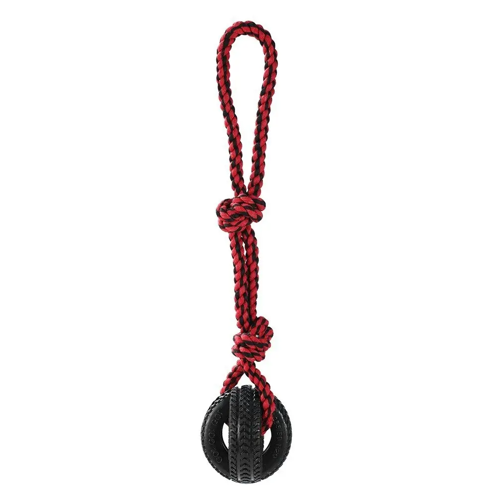 Paws & Claws Pet Dog 4-Way TPR 50cm Tyre Knotted Rope Tugger Chew Toy Black/Red