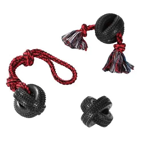 Paws & Claws Pet Dog 4-Way TPR 50cm Tyre Knotted Rope Tugger Chew Toy Black/Red