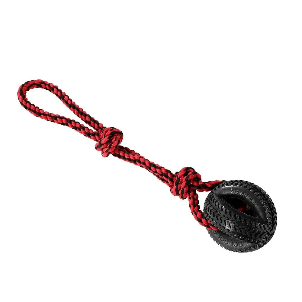 Paws & Claws Pet Dog 4-Way TPR 50cm Tyre Knotted Rope Tugger Chew Toy Black/Red