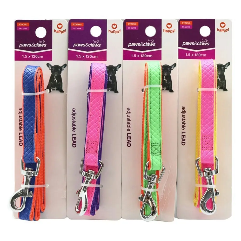 3x Paws & Claws Pet/Dog Adjustable 120cm Colourful P.U & Nylon Leash/Lead Assort