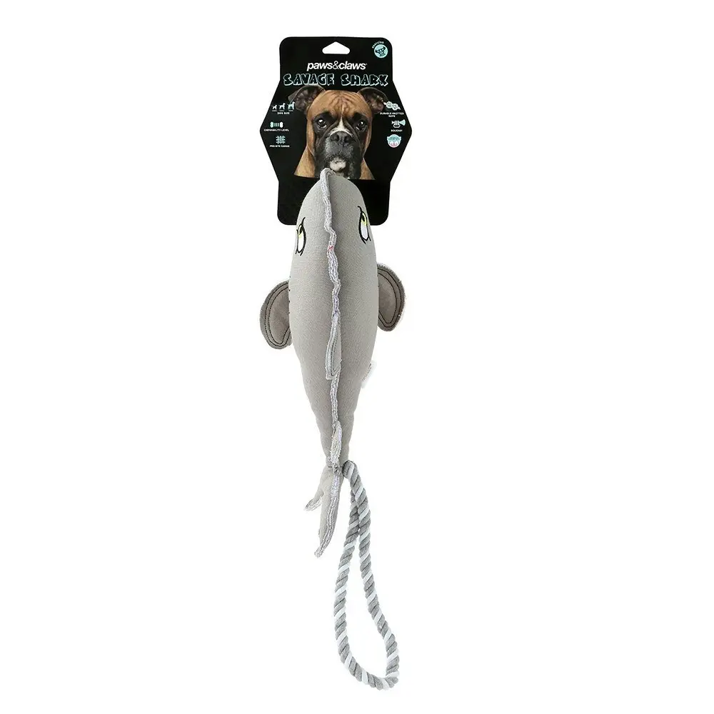 Paws & Claws Pet/Dog 60cm Savage Shark Canvas Rope Tugger Toy w/ Squeaker Grey