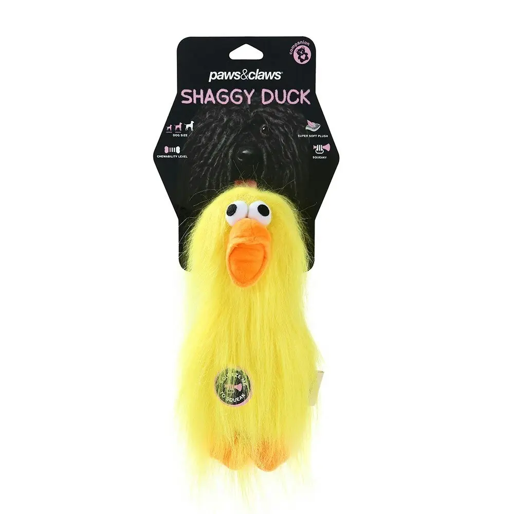 2x Paws & Claws 22cm Super Shaggy Duck Soft Plush Pet Dog Toy w/ Squeaker Yellow