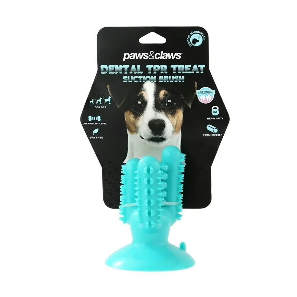 2x Paws & Claws 13cm Cactus Suction Brush Dental Treat Pet Dog Rubber Toy Teal