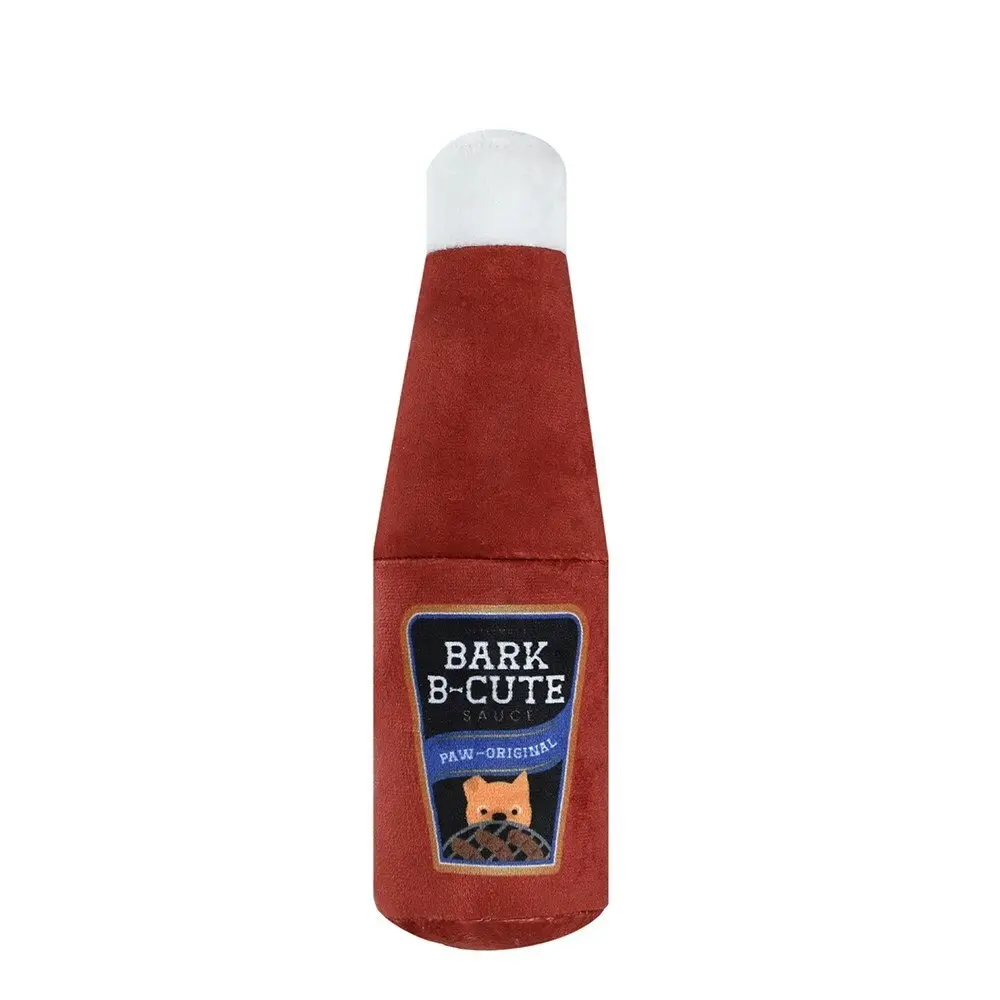 3x Paws & Claws Pet Dog 20x8cm Soft Plush Toy BBQ Sauce Bottle w/ Squeaker Red