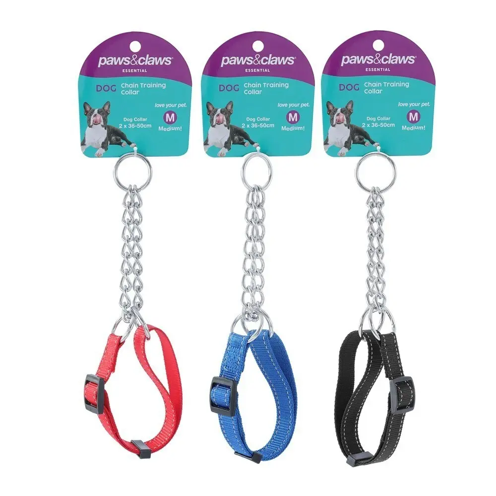 3x Paws & Claws Chain Pet Training Collar Med 36-50cm Adjustable w/ Webbing Asst