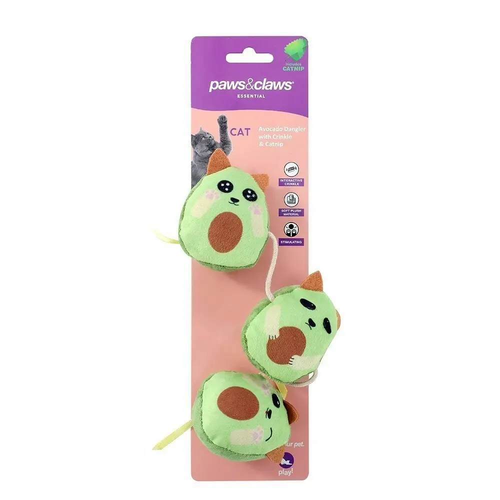 2x Paws & Claws Pet/Cat Plush Avocado Dangler Interactive Toy w/Crinkle/Catnip