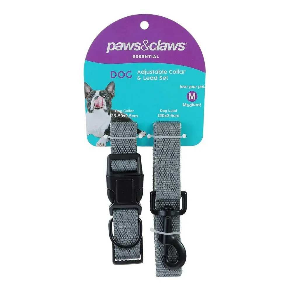 2pc Paws & Claws Essentials Pets Dog Adjustable Collar/120cm Lead Set Assorted