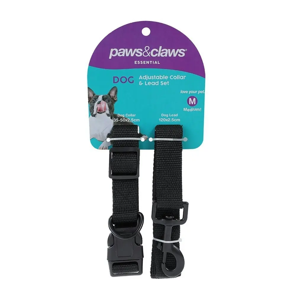 2pc Paws & Claws Essentials Pets Dog Adjustable Collar/120cm Lead Set Assorted