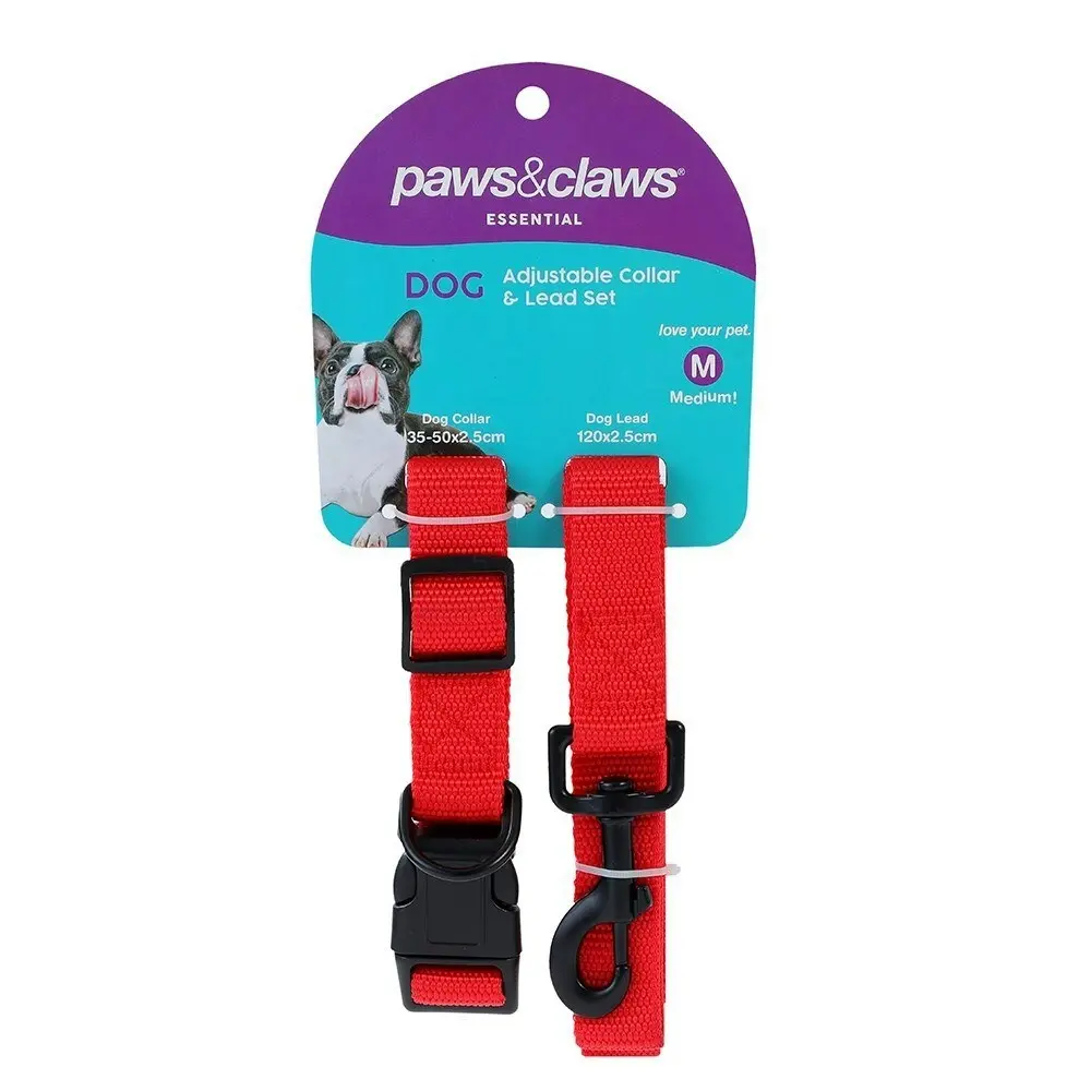 2pc Paws & Claws Essentials Pets Dog Adjustable Collar/120cm Lead Set Assorted