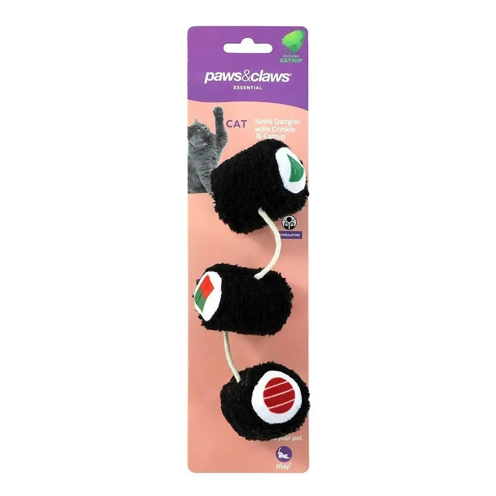 3x Paws & Claws Cat Plush Sushi Dangler Interactive Toy w/Crinkle/Catnip Assort