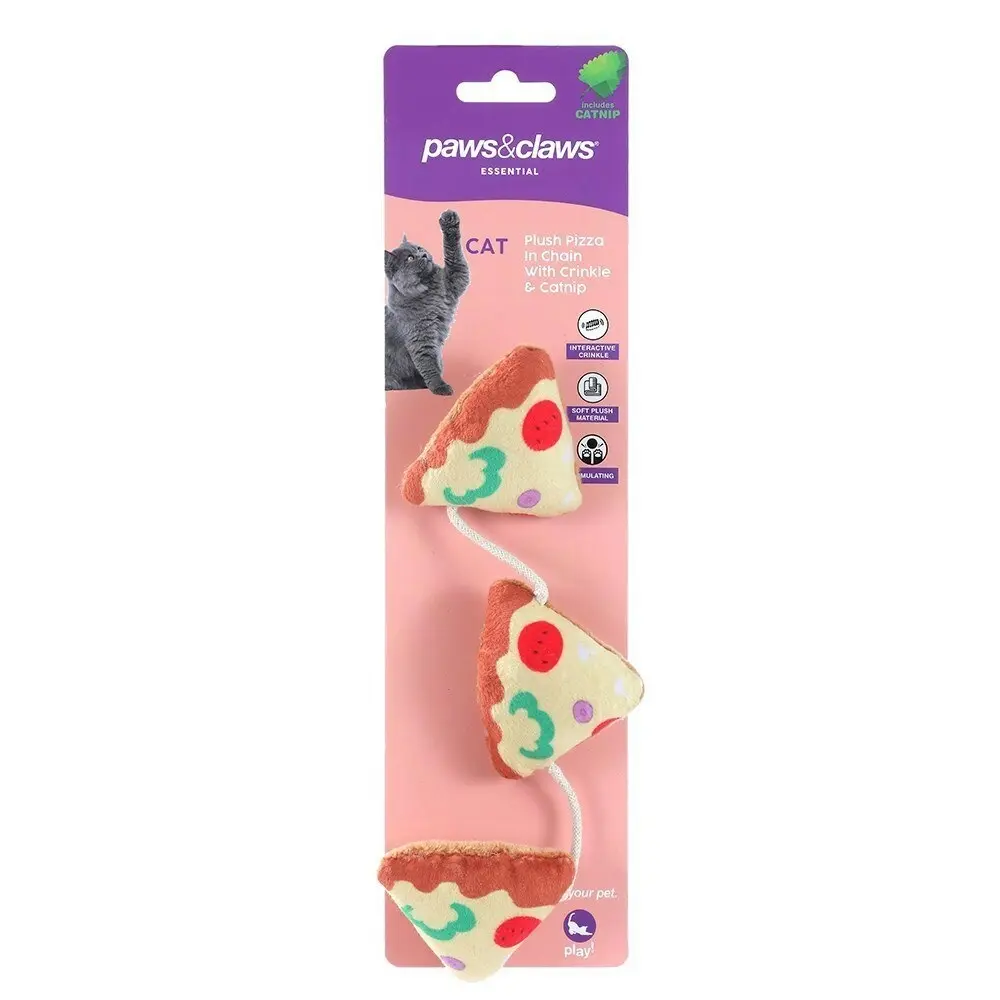 3x Paws & Claws Pet/Cat Plush Pizza Dangler Interactive Toy w/Crinkle & Catnip