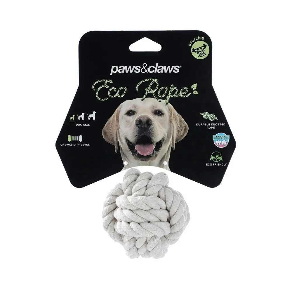 2x Paws & Claws Pet 7.5cm Eco Rope Knotted Ball Interactive  Dog Chew Toy White