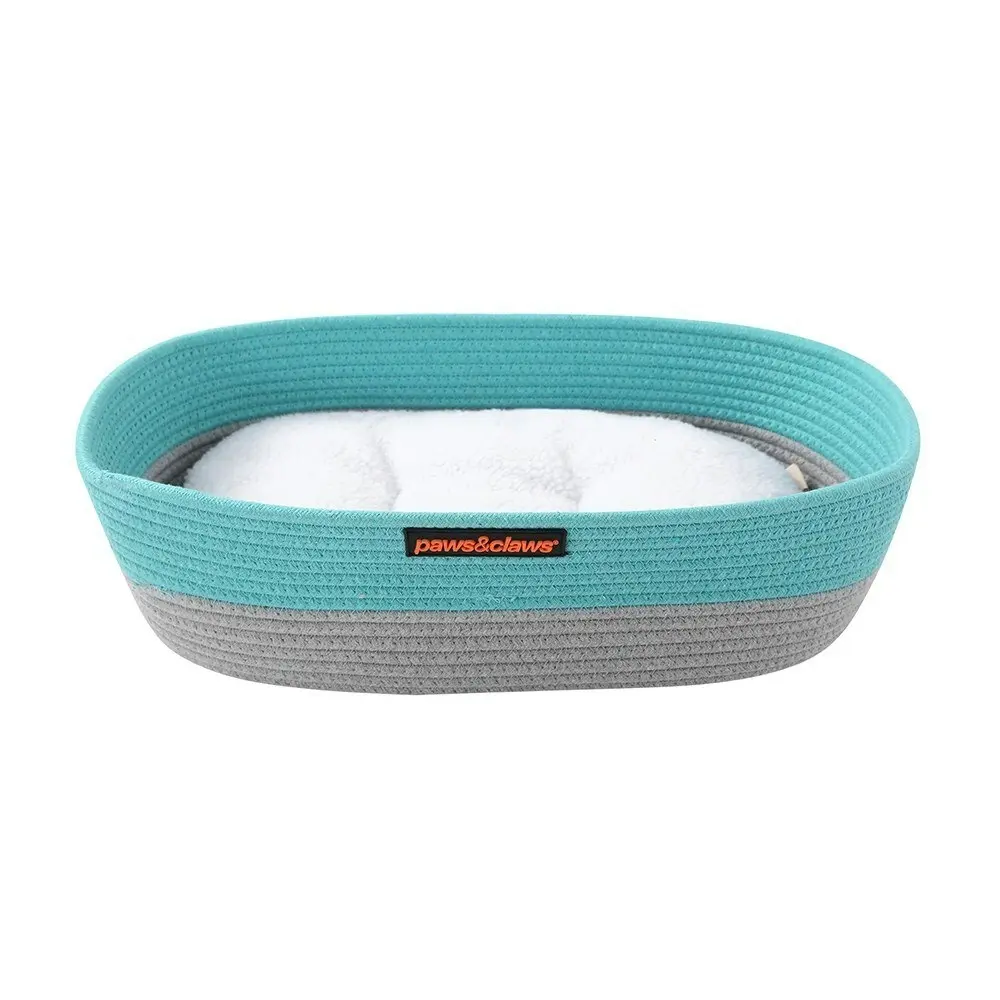 Paws & Claws Pet/Cat 40cm Cotton Woven Basket Sleeping Bed w/ Cushion Teal/Grey