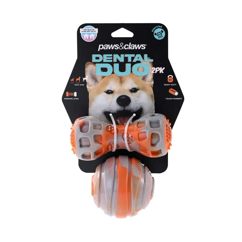 4pc Paws & Claws Dental Duo Pet Dog Teeth Clean Rubber Chew Ball/Baton Toy ORNGE