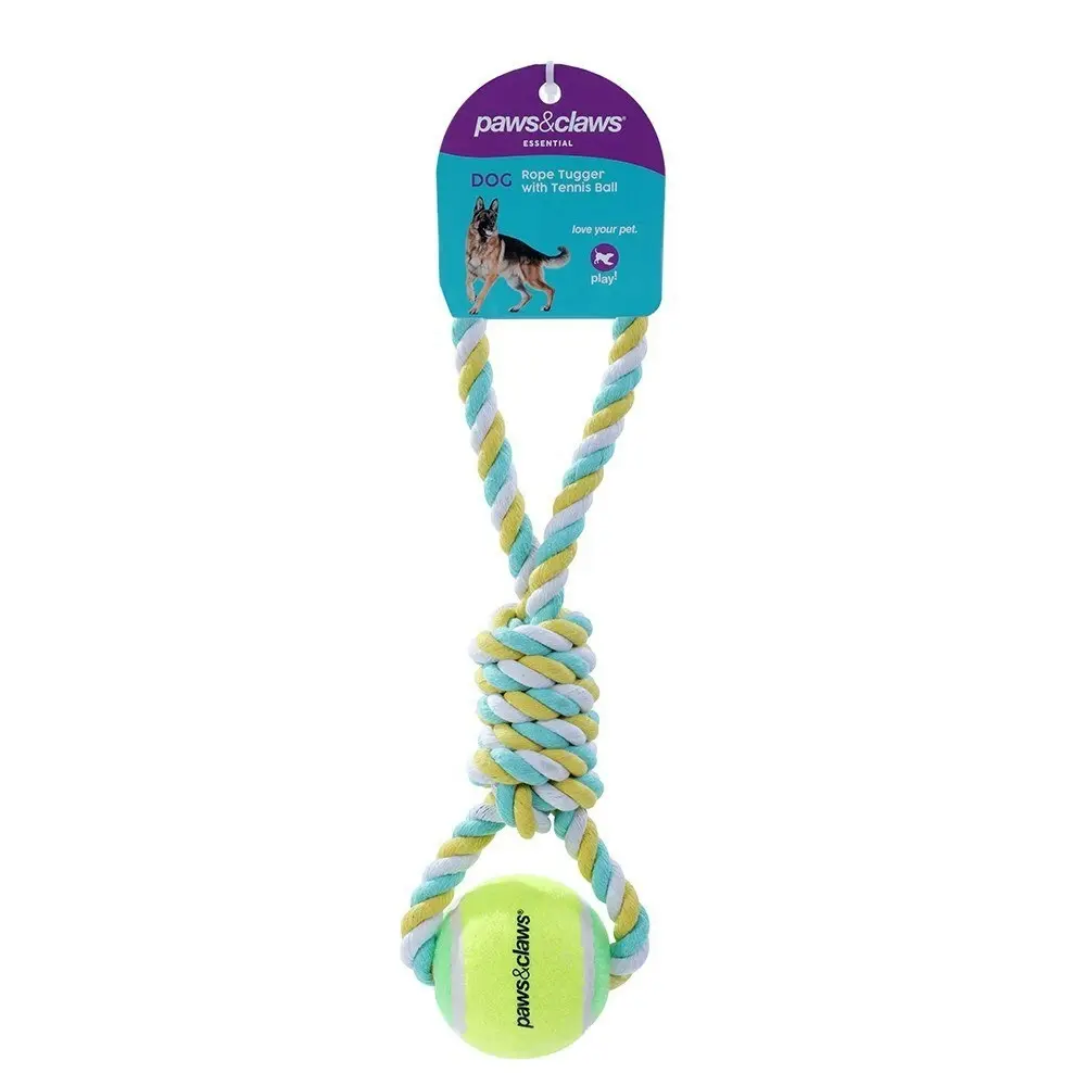 2x Paws & Claws Pet/Dog 34cm Rope Tugger/Tennis Ball Interactive Play Toy Assort