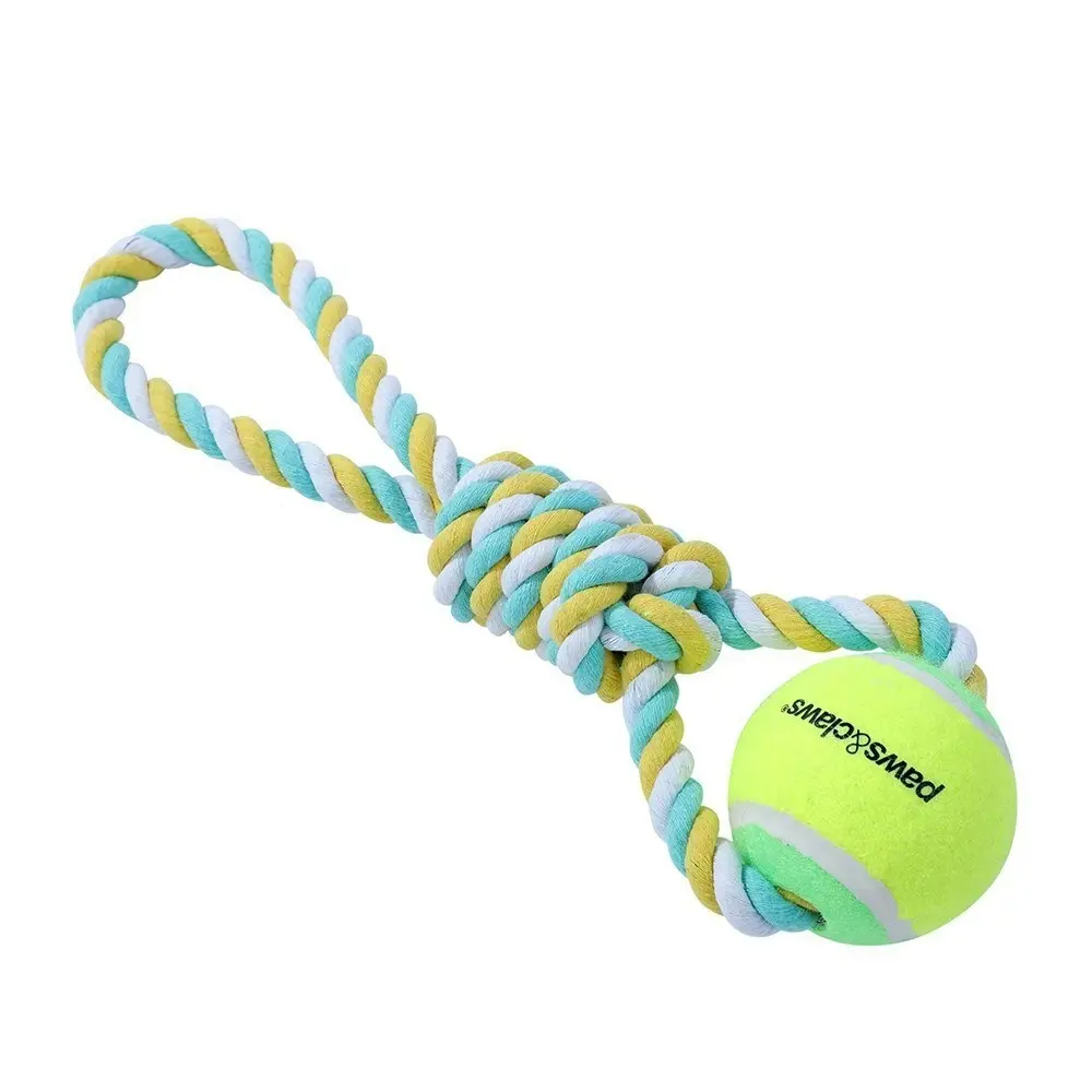 2x Paws & Claws Pet/Dog 34cm Rope Tugger/Tennis Ball Interactive Play Toy Assort