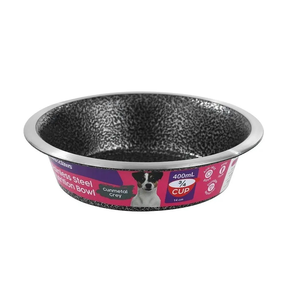 3x Paws & Claws Pet/Dog 14cm/400ml Stainless Steel Bowl/Feeder Speckled Gunmetal