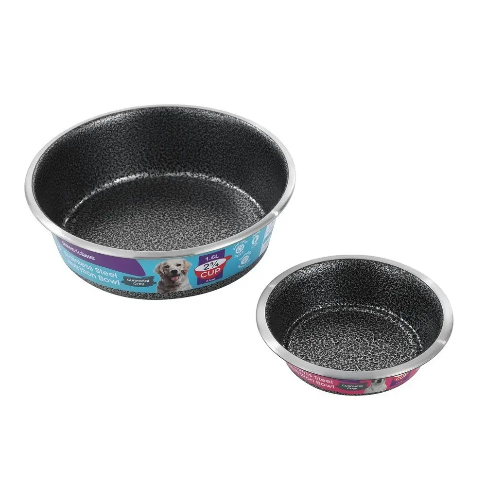 3x Paws & Claws Pet/Dog 14cm/400ml Stainless Steel Bowl/Feeder Speckled Gunmetal