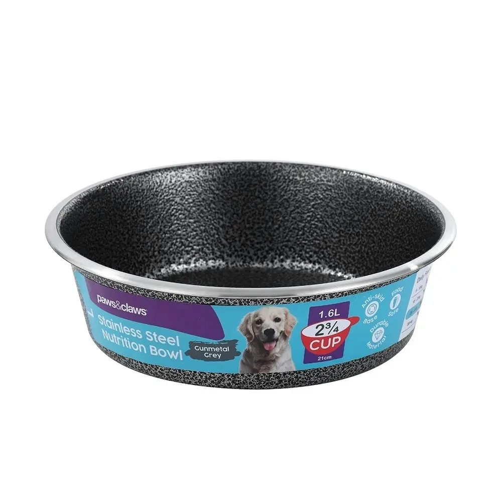 2x Paws & Claws Pet/Dog 21cm/1.5L Stainless Steel Bowl/Feeder Speckled Gunmetal